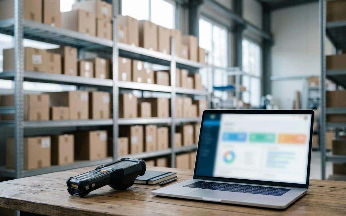 Barcode scanner and laptop in front of warehouse shelves