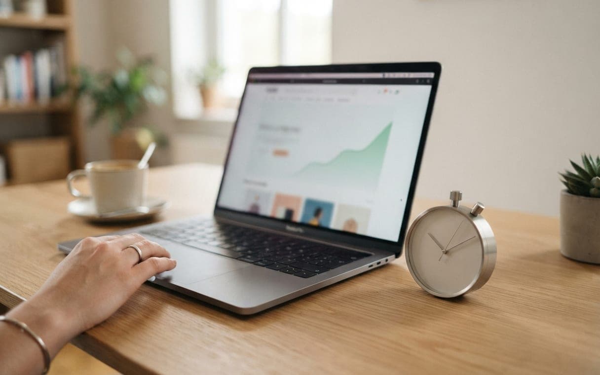 Laptop with an online store and a stopwatch on a desk