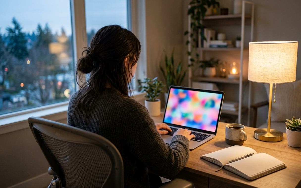 Person working at a laptop in the evening