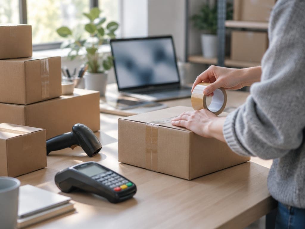 Packed parcels, payment terminal and laptop on a wooden store desk