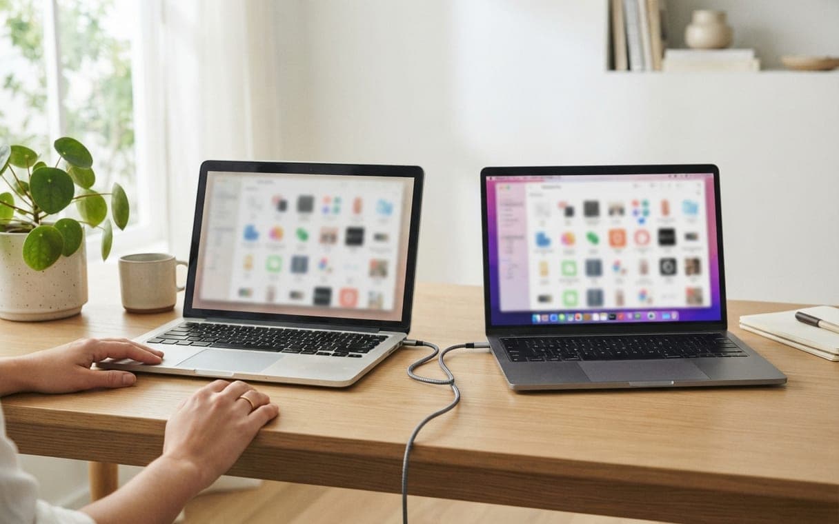 Two laptops connected by a cable during a store migration