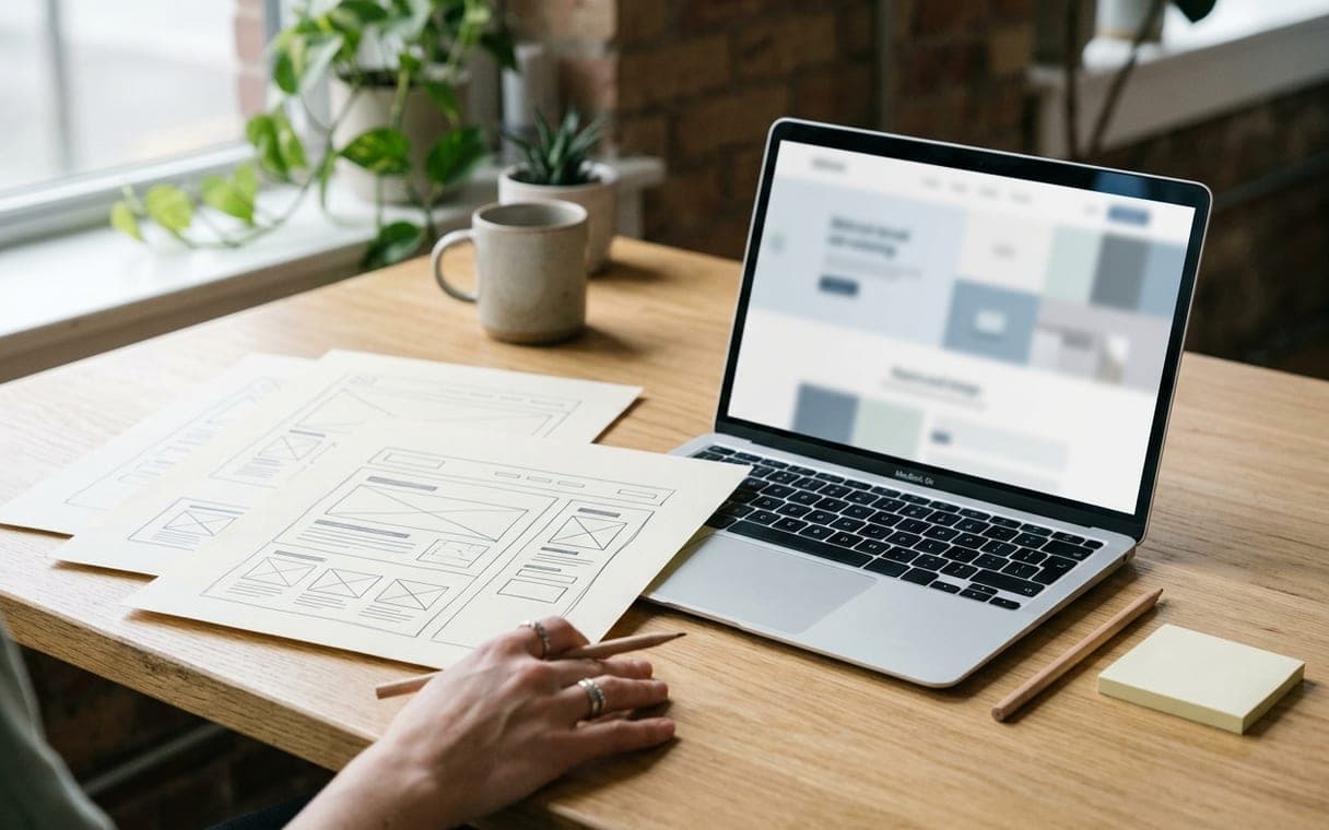 Website wireframe sketches next to a laptop on a designer's desk