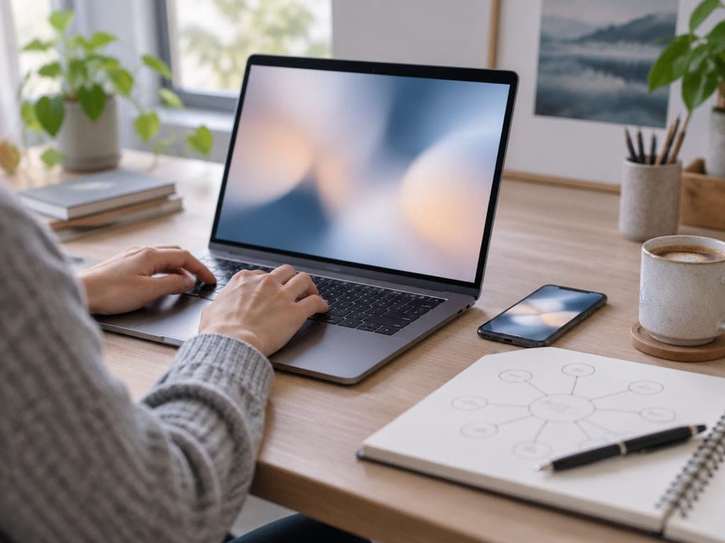 Laptop, smartfon i notes na jasnym drewnianym biurku w dziennym świetle