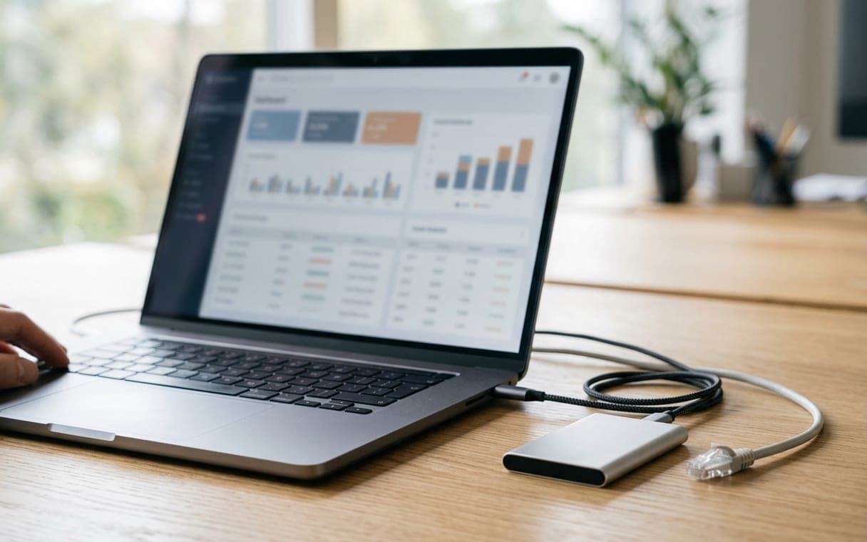 Laptop showing a data dashboard next to an SSD drive