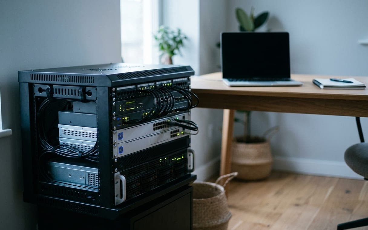Small server rack next to a desk with a laptop